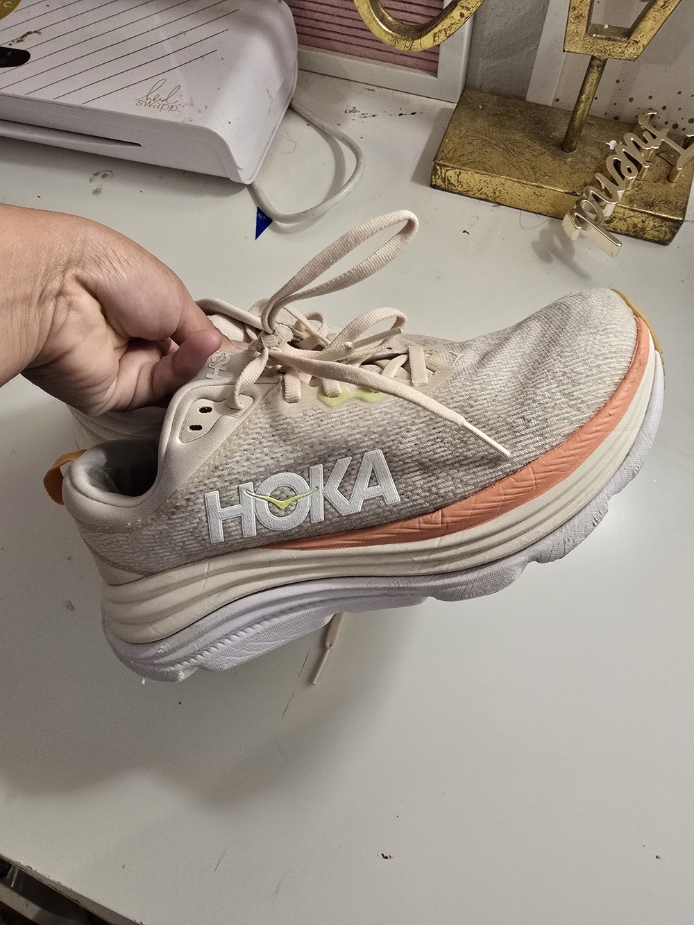 HOKA Lightweight Running Shoe in Cream with Coral Accent